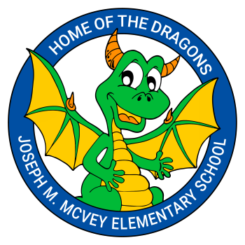 Blue circle white letters Joseph M. McVey Elementary Home of the Dragons. Centered smiling green & yellow dragon.
